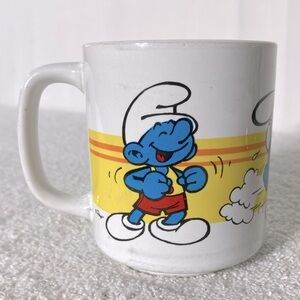 Vintage White Ceramic Smurfs Mug